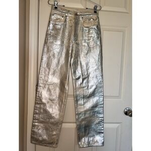 EUC Zara Silver Straight Leg Jeans Metallic Shiny High Rise Festival Party Size4